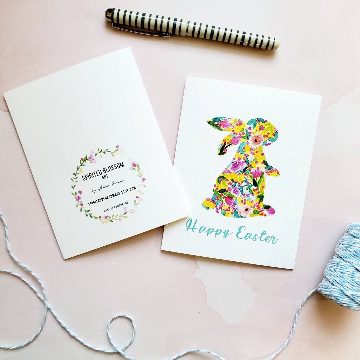 Botanical Easter Bunny Card, Single or Set, Handmade Watercolor Card ...