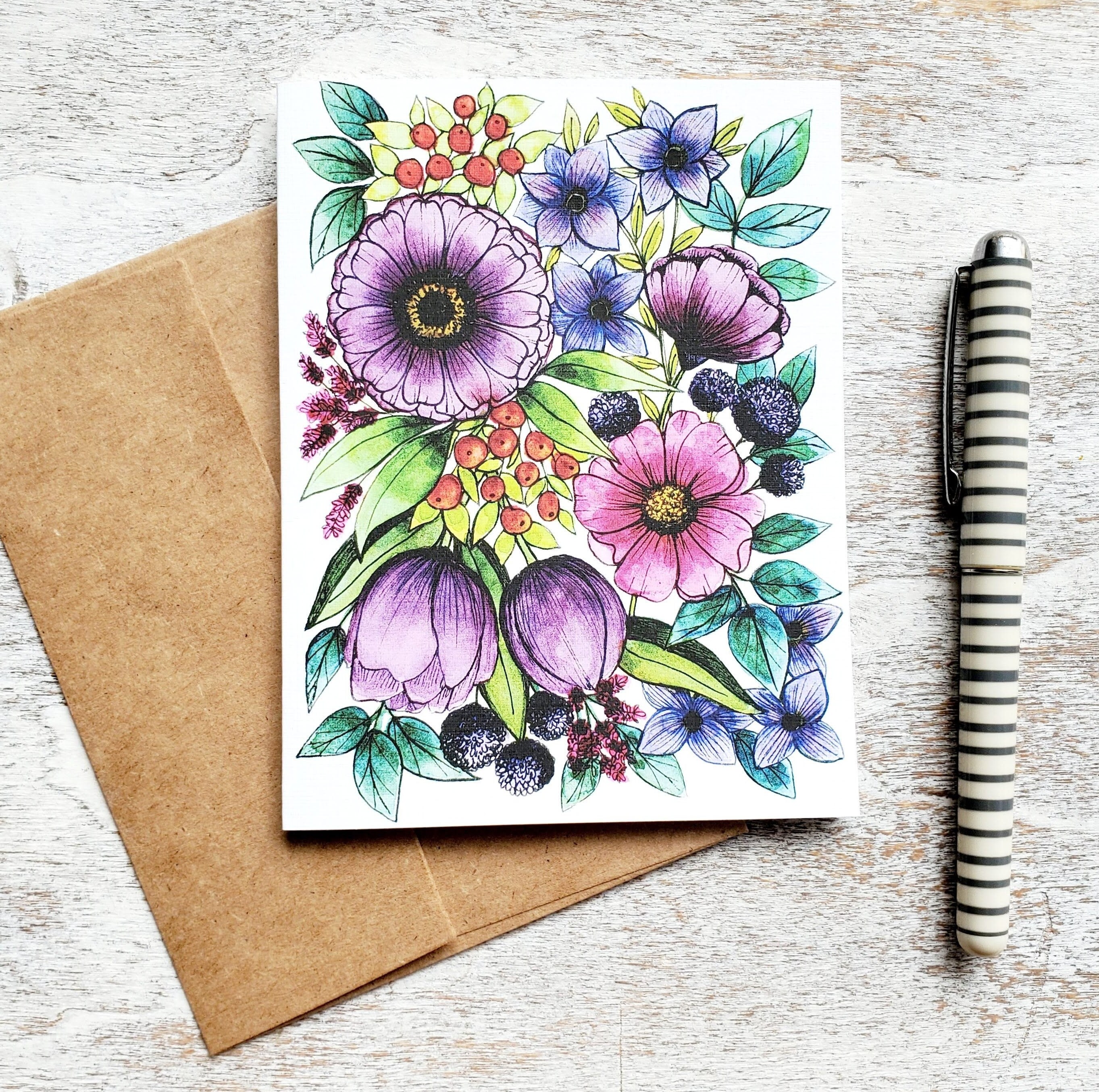 Set of 6 or 12 Wildflower Greeting Cards, Size A2 Watercolor & Ink ...
