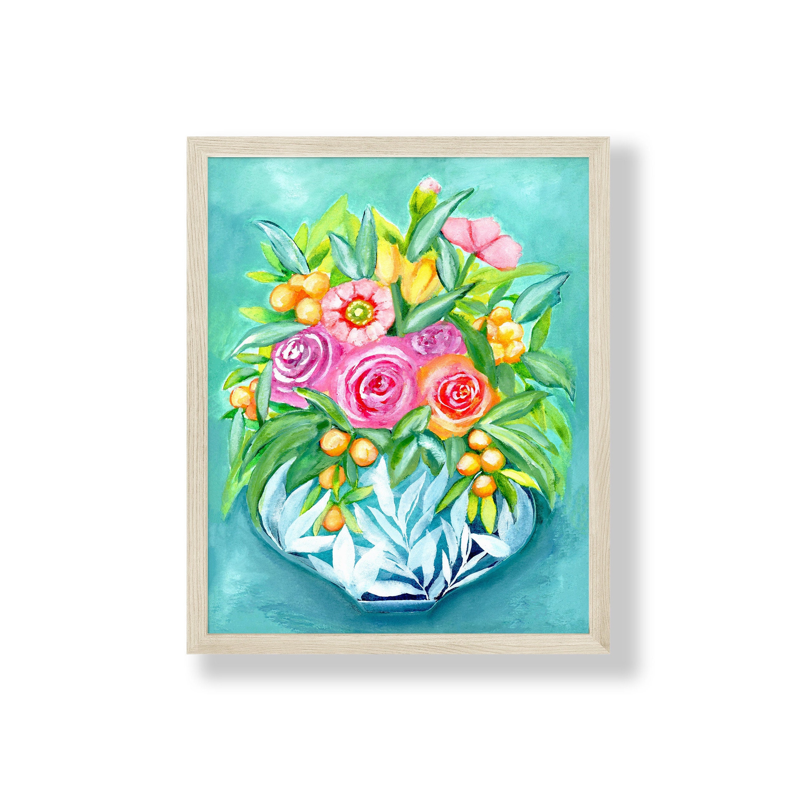 Pastel Florals on Teal Art Print, Flower Bouquet in Vase, Icelandic Poppies and Roses, Pretty Floral Wall Art, Handmade Gift Idea for Her