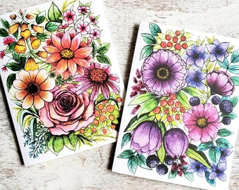 Set of 6 or 12 Wildflower Greeting Cards, Size A2 Watercolor & Ink Handmade Botanical Cards for Flower Lovers, Birthday, Christmas Gift Idea