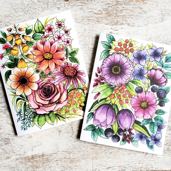 Set of 6 or 12 Wildflower Greeting Cards, Size A2 Watercolor & Ink Handmade Botanical Cards for Flower Lovers, Birthday, Christmas Gift Idea