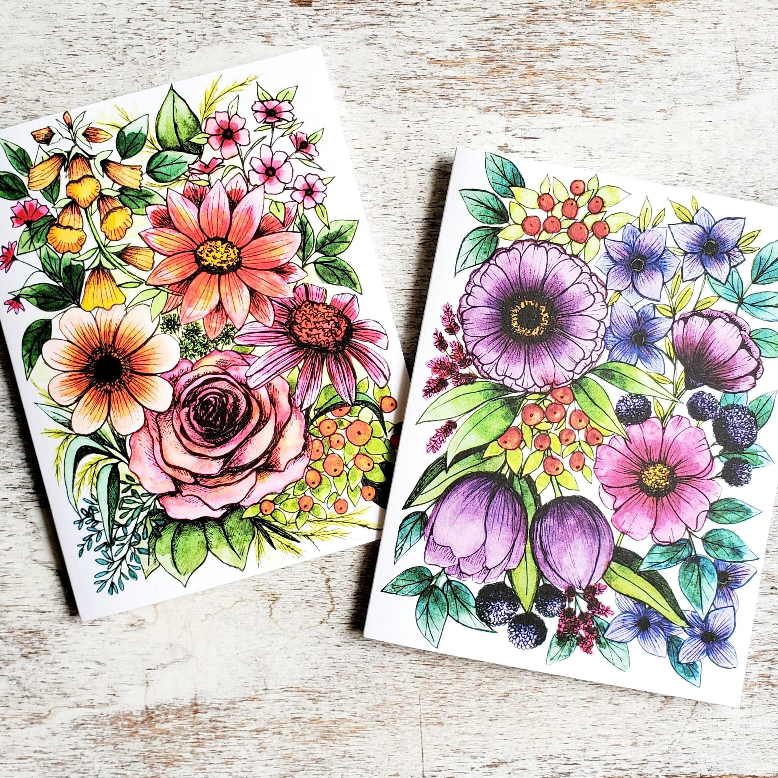 Set of 6 or 12 Wildflower Greeting Cards, Size A2 Watercolor & Ink ...