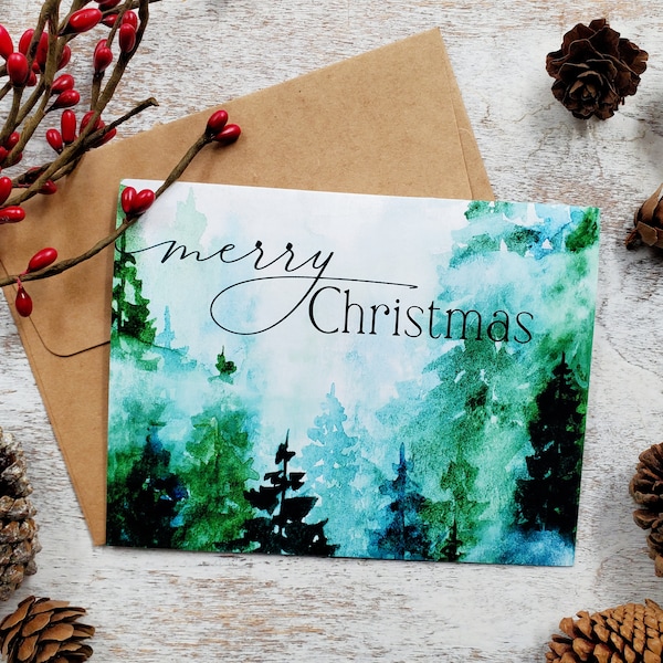 Misty Pines Christmas Cards, Watercolor Evergreen Forest, Merry Christmas, Luxury Handmade Holiday Cards, Modern Nature Card, Green & Blue