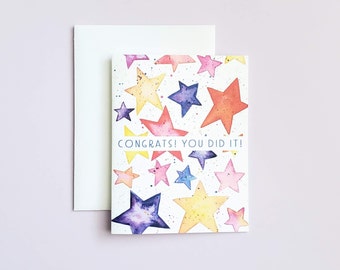 Colorful Stars Congratulations Card, Watercolor Stars & Paint Splatters Card for Graduation, New Job, Performance - "Congrats! You did it!"