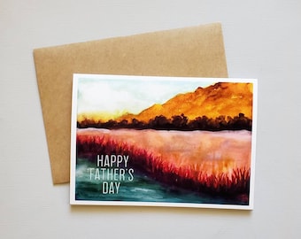 5x7 Father’s Day Landscape Card, Abstract Watercolor Mountain Lake, Happy Fathers Day, Modern Card for Dad, Husband, Brother, Nature Lover