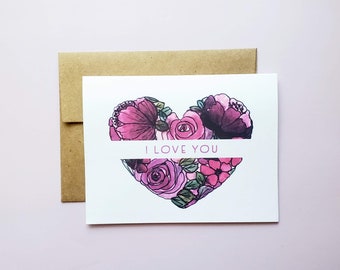 Floral Watercolor Heart "I Love You" Card, Size A2, Single or Set, Pretty Romantic Card for Anniversary, Valentine's or Galentine's Day