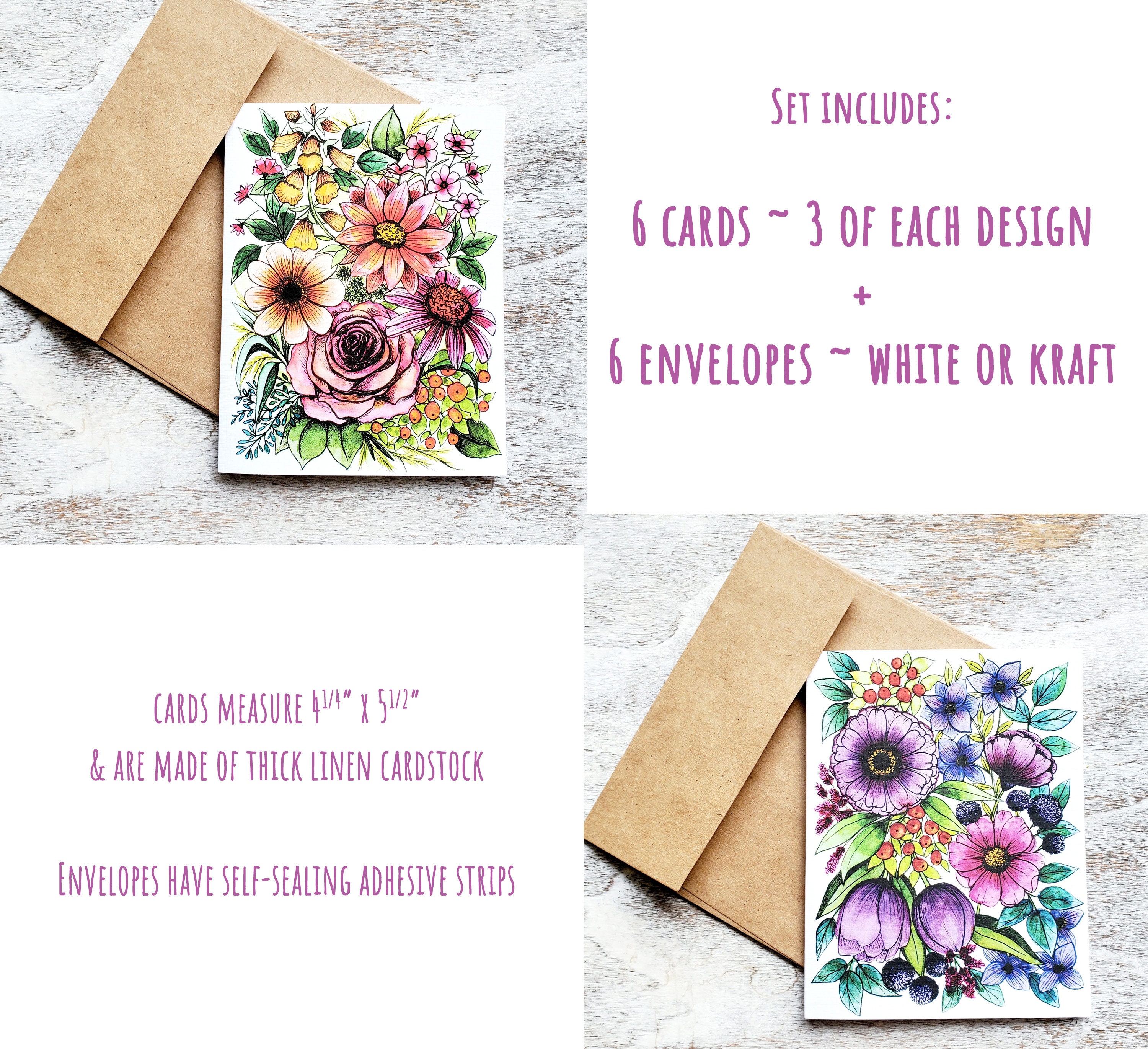 Set of 6 or 12 Wildflower Greeting Cards, Size A2 Watercolor & Ink ...