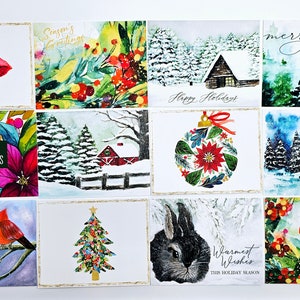 Holiday Postcard Pack, Set of 12 Winter Flat Cards, Assorted Watercolor Postcards, 4.25x5.5, Unique Art Cards, Last Minute Christmas Cards
