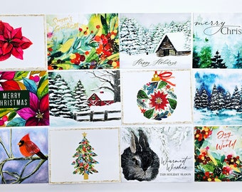 Holiday Postcard Pack, Set of 12 Winter Flat Cards, Assorted Watercolor Postcards, 4.25x5.5, Unique Art Cards, Last Minute Christmas Cards