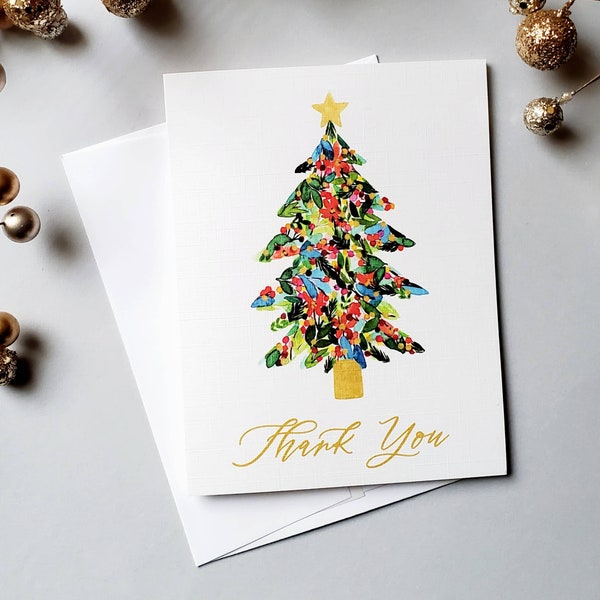 Thank You Card for Christmas, Botanical Watercolor Pine Tree, Holiday Thank You Cards, Simple & Pretty Christmas Thank You Cards for Gifts