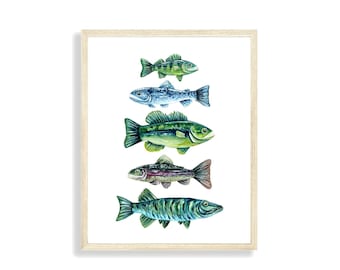 Watercolor River Fish Art Print, Blue & Green Bass, Trout, Salmon, Muskie Fishing Art for Cabin or Lake House, Outdoor Nature Lover Gift