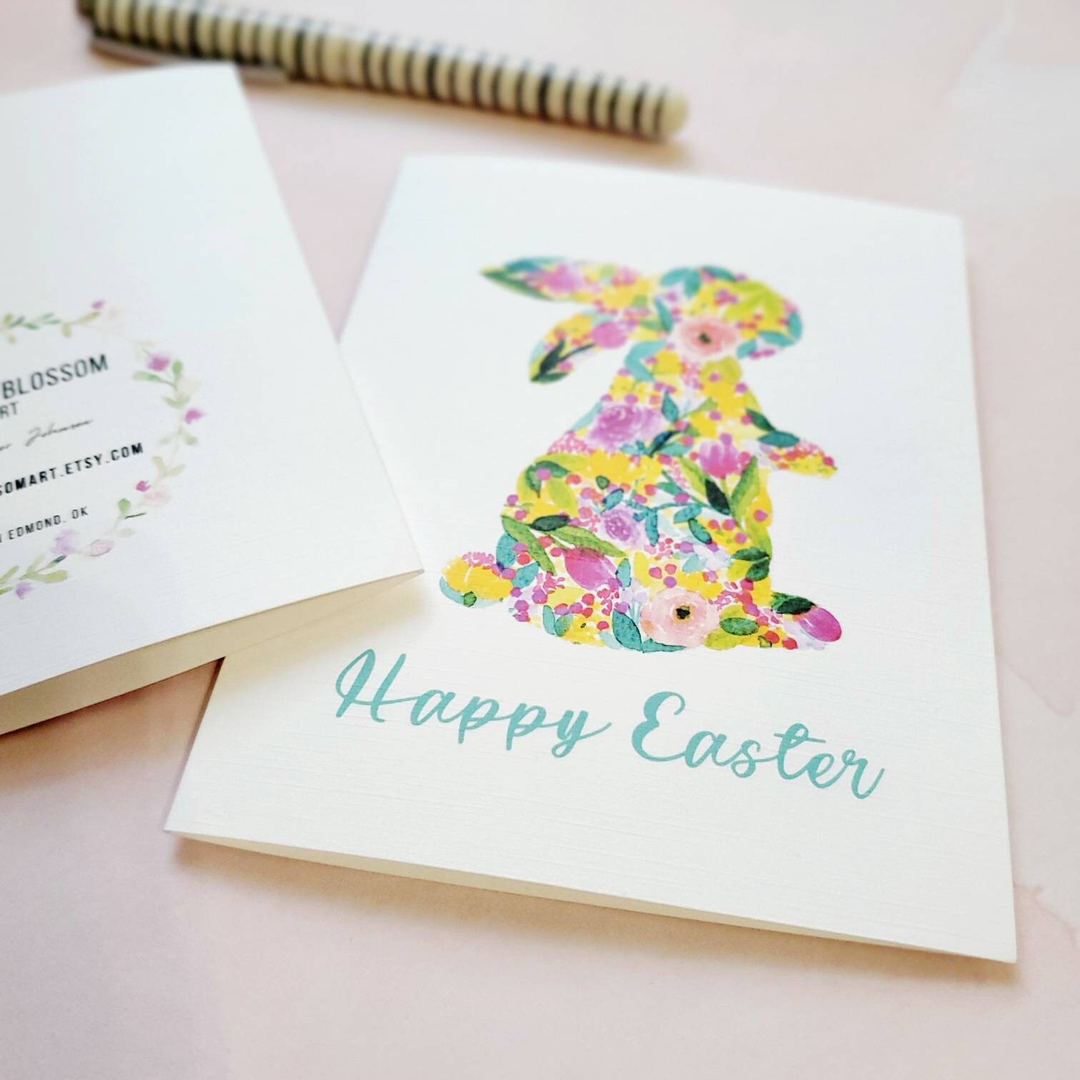 Botanical Easter Bunny Card, Single or Set, Handmade Watercolor Card ...