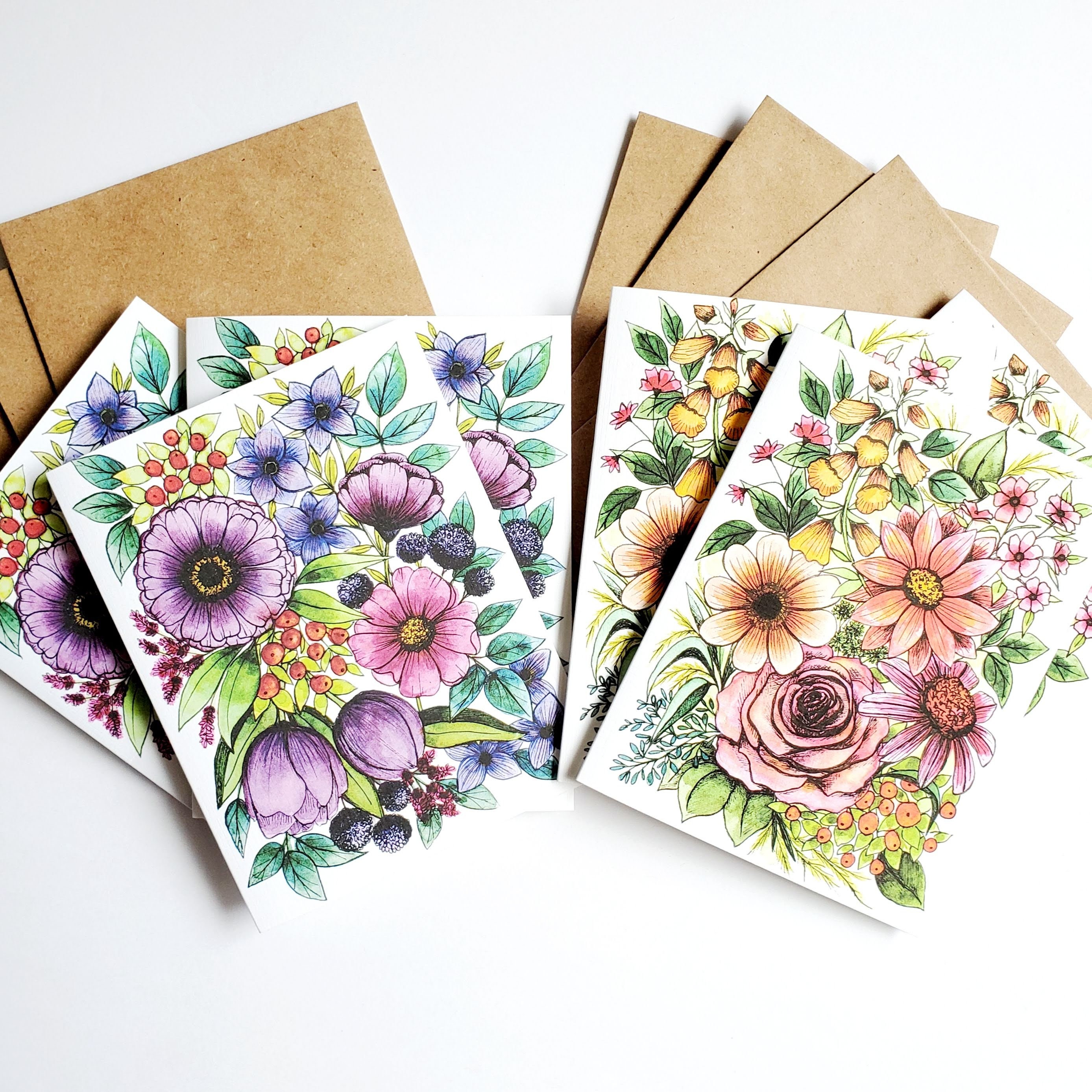 Set of 6 or 12 Wildflower Greeting Cards, Size A2 Watercolor & Ink ...
