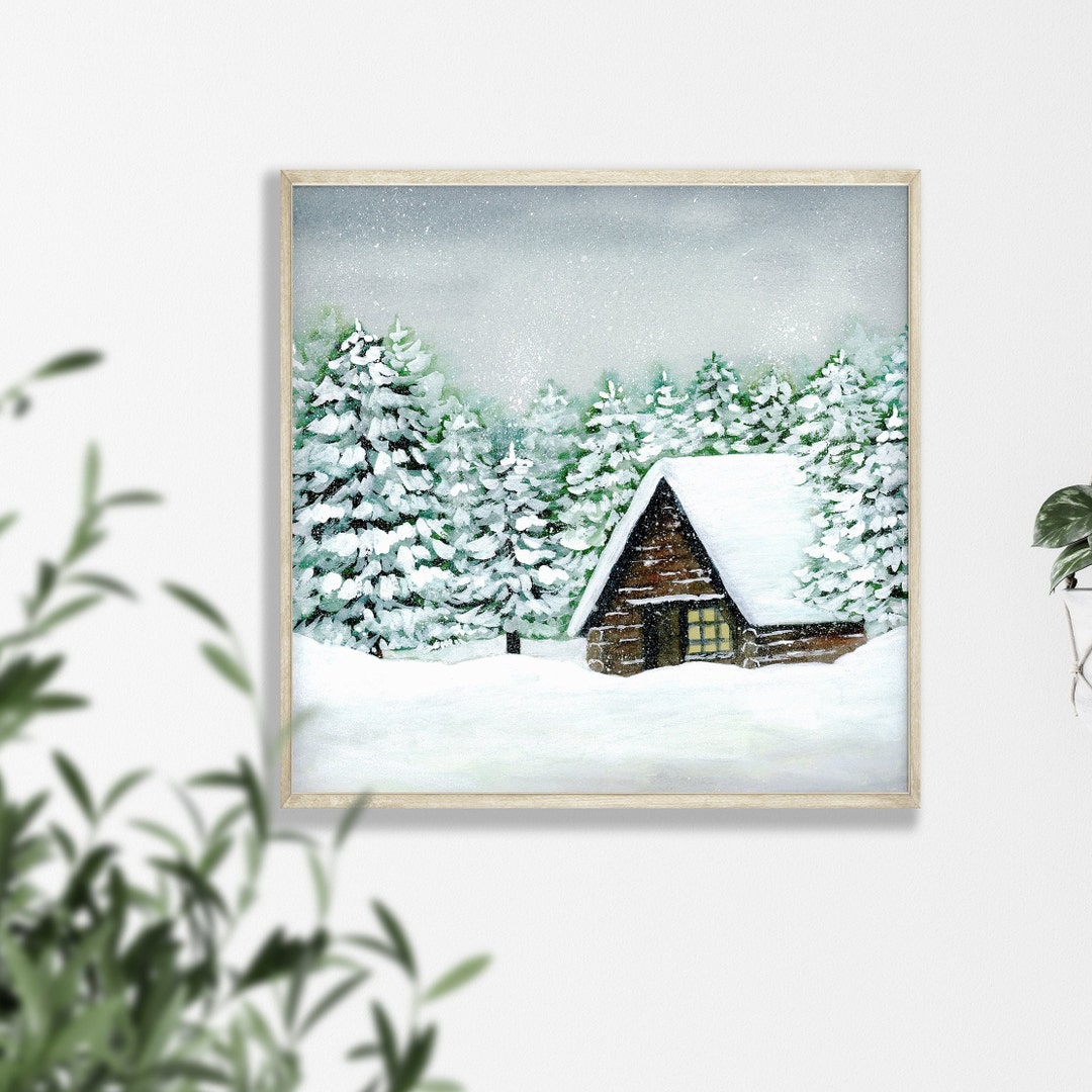 Snowy Cabin Square Art Print, Winter Landscape Scene, Watercolor Cabin ...