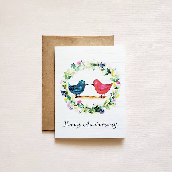 Happy Anniversary "Love Birds" Card, Single or Set, Watercolor Wreath with Two Birds, Wedding Anniversary, Custom Handmade Card for Couple
