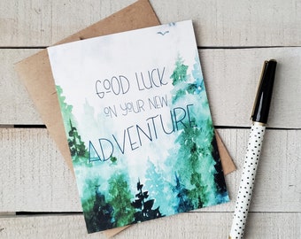 New Adventure Card, Watercolor Misty Pines Forest, Handmade Nature Card, Good Luck Card for Graduation, New Job, Retirement, Gender Neutral