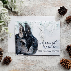 Snowy Bunny Holiday Card, Warmest Wishes this Holiday Season, Hand-Painted Watercolor Rabbit Christmas Cards, Charming Winter Snow Scene