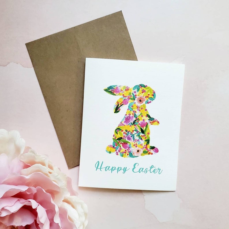 Botanical Easter Bunny Card, Single or Set, Handmade Watercolor Card ...