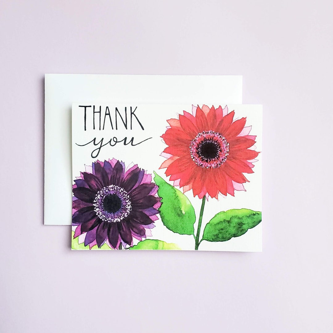 Gerbera Daisy Thank You Card, Single or Set, Size 4.25"x5.5", Red ...
