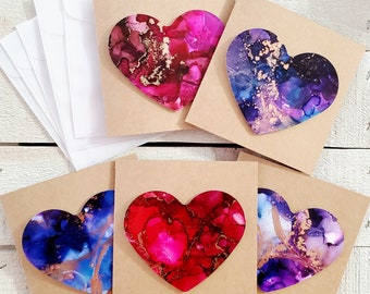 Mini Love Notes, Set of 5 Notecards with Abstract Hearts, 3.5", Original Alcohol Ink Art, Mini Enclosure Cards for Gifts, Favors, Valentines