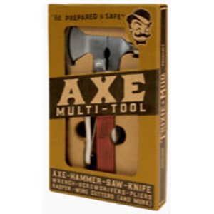 May include: Axe multi-tool in a cardboard box. The tool includes an axe, hammer, saw, knife, wrench, screwdrivers, pliers, rasp, and wire cutters. The box has the text "BE PREPARED & SAFE" and "AXE MULTI-TOOL".