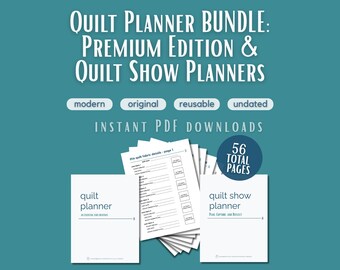 May include: A Quilt Planner Bundle featuring a Premium Edition and Quilt Show Planners. The set includes 56 total pages of undated, reusable, modern, and original PDF documents. The white pages feature text and forms for tracking quilt fabric details.