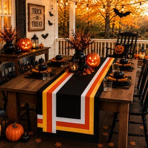 May include: A rectangular table runner featuring a candy corn-inspired design with bold stripes of black, white, orange, and yellow. The runner is displayed on a wooden dining table set for a meal, surrounded by black chairs and Halloween decor.