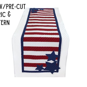 Stars and Stripes Modern Table Runner Pattern / SEWING KIT with Fabric and Pattern / Reversible Decor 47&quot;x16&quot; / Easy Sewing and Quilting
