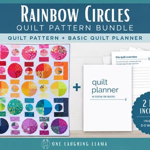 Może przedstawiać: Zestaw wzorów pikowania Rainbow Circles zawierający kolorową kołdrę z okrągłymi i prostokątnymi kształtami, planer pikowania z tekstem 'quilt planner an essential for creatives' oraz plakietkę z napisem '2 PDFs included instant download'.
