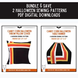 May include: A bundle of two Halloween sewing patterns as PDF digital downloads. The patterns feature a candy corn design with black, white, orange, and yellow stripes. One pattern is for an 18 inch by 18 inch pillow cover, and the other is for a 45 inch by 15 inch table runner.