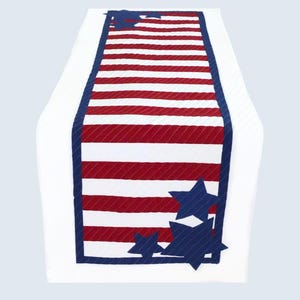 May include: A rectangular table runner featuring a central panel with horizontal red and white stripes, bordered by a dark blue trim. The design includes dark blue star-shaped appliqués positioned at the top and bottom corners of the striped section.