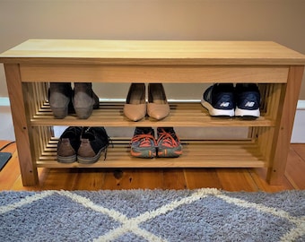 Entryway Bench or Hall Bench With Built In Shoe Rack - White Oak and Walnut