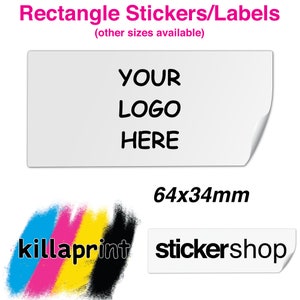 May include: A white rectangular sticker with the text "YOUR LOGO HERE". The sticker measures 6.4cm x 3.4cm. The image also includes the text "Rectangle Stickers/Labels" and the brand names "killaprint" and "stickershop".