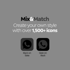 May include: Mix & Match: Create your own style with over 1,500+ icons. Two icons are shown, one with a white phone icon on a black background and the other with a black phone icon on a white background.