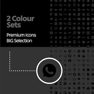 May include: A black and white image of a WhatsApp logo with a white outline. The logo is a speech bubble with a phone inside. The image is on a dark gray background with a dotted line leading to the logo. The text "2 Colour Sets" and "Premium Icons BIG Selection" is in the upper left corner of the image.