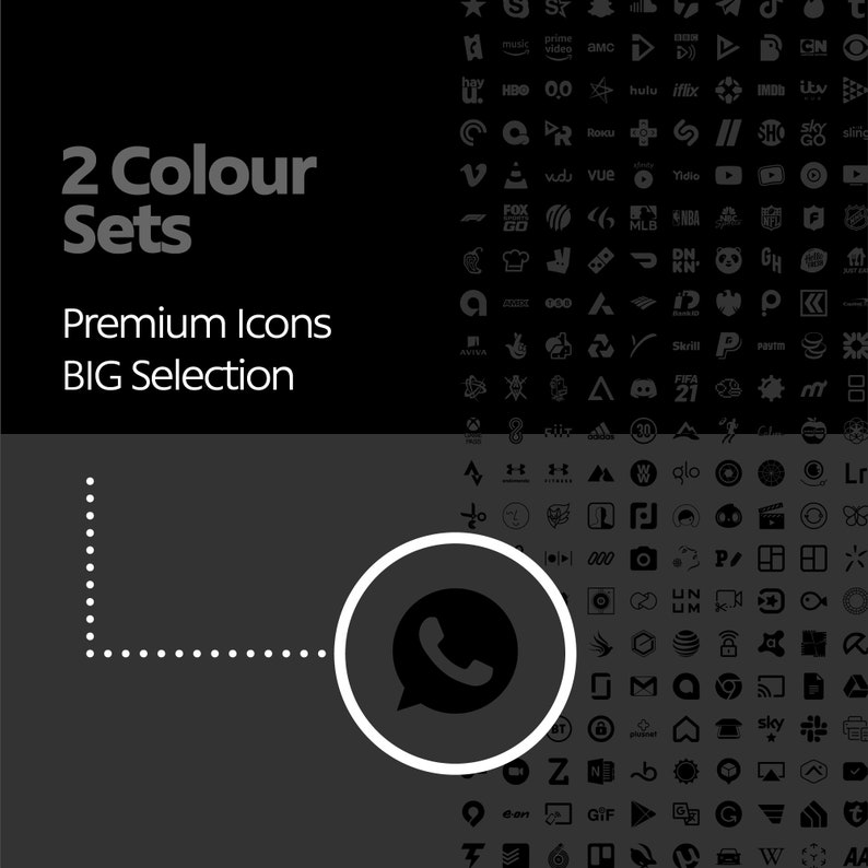 May include: A black and white image of a WhatsApp logo with a white outline. The logo is a speech bubble with a phone inside. The image is on a dark gray background with a dotted line leading to the logo. The text "2 Colour Sets" and "Premium Icons BIG Selection" is in the upper left corner of the image.