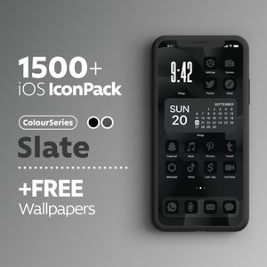May include: A black and white mockup of an iPhone screen displaying a calendar with the date "SUN 20" and the month "SEPTEMBER". The screen also shows a clock with the time "9:42" and several app icons. The text "1500+ iOS IconPack" and "ColourSeries Slate +FREE Wallpapers" is displayed on a gray background.