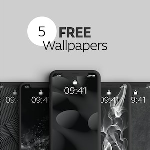 May include: Five free phone wallpapers displayed on black smartphones. The wallpapers feature abstract designs in black and white.