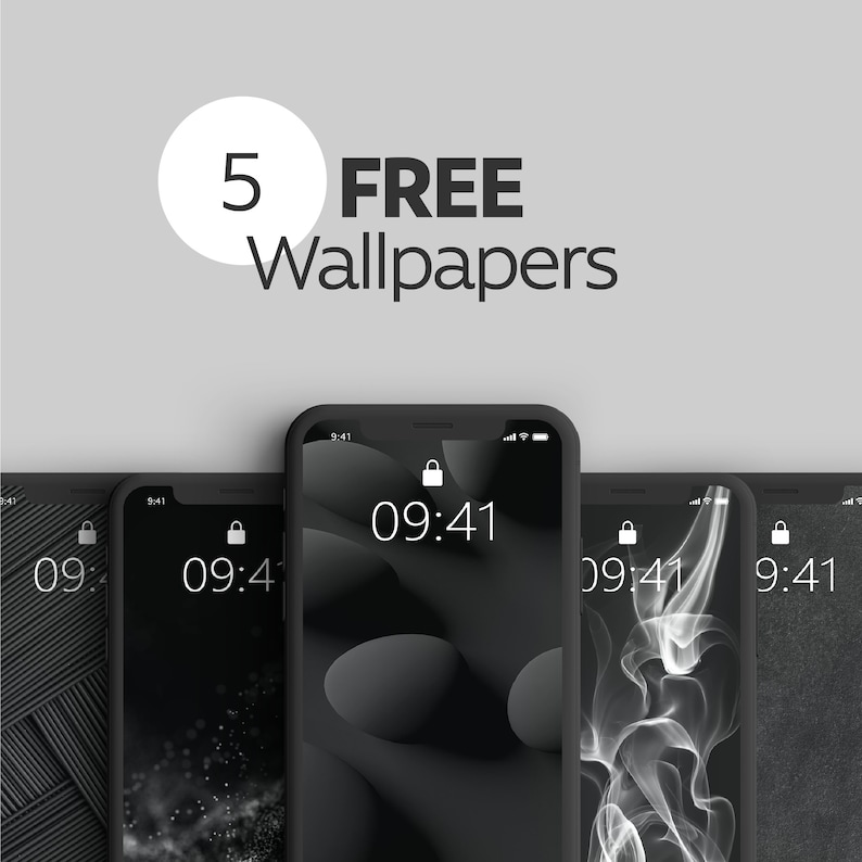 May include: Five free phone wallpapers displayed on black smartphones. The wallpapers feature abstract designs in black and white.