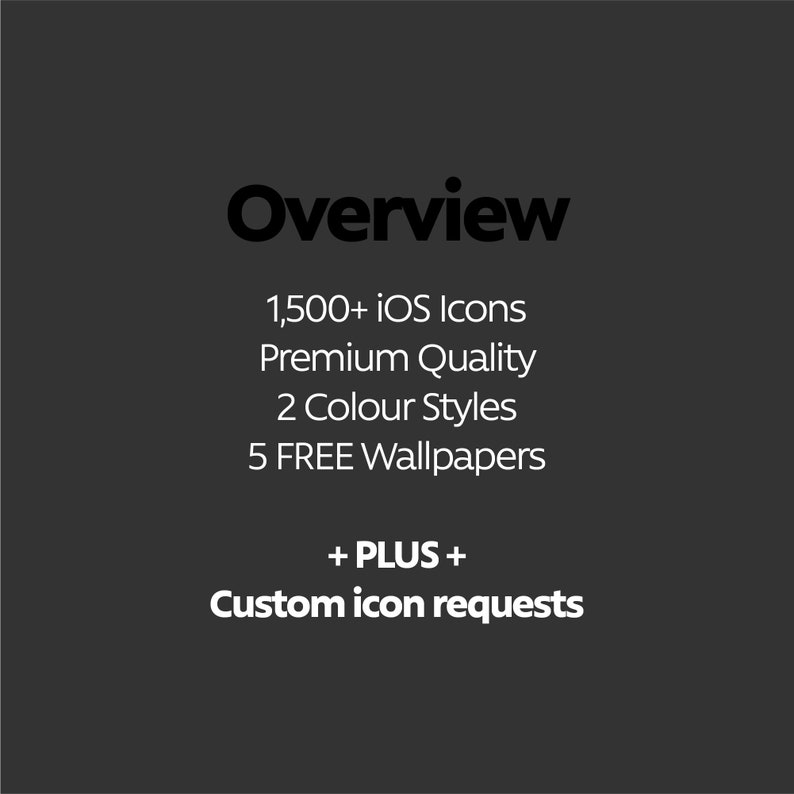 May include: Overview of an iOS icon pack with 1,500+ icons, premium quality, 2 color styles, 5 free wallpapers, and custom icon requests.