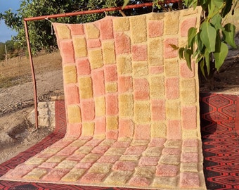 beni mrirt rosa, alfombra rosa marroquí grande, alfombra de tamaño personalizado, alfombra marroquí rosa y amarilla, alfombra de felpa para dormitorio