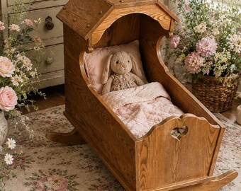 Vintage Wooden Doll Cradle • Weathered Oak Cottagecore Rocking Bassinet • Heirloom Nursery Decor