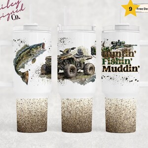 May include: Three white tumblers with different designs. The first tumbler features a fish jumping out of the water. The second tumbler features a green and black ATV driving through a muddy field. The third tumbler features a rifle with the text "Huntin' Fishin' Muddin'". All three tumblers have a brown and tan glitter finish.