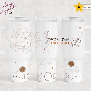 Manifiesta esa mierda 40oz Tumbler Wrap - Descargas de diseños de sublimación de diseño PNG - Vaso de sublimación sin costuras celestial con envoltura de mango