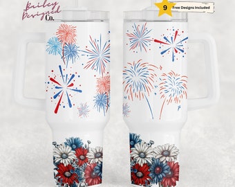 July 4th Patriotic 40oz Tumbler Wrap - PNG Tumbler Design Sublimation Designs Downloads - Seamless Sublimation Tumbler with Handle Wrap