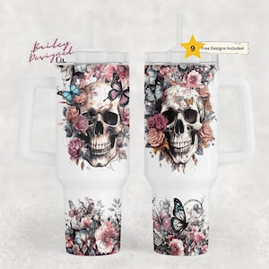 Teschi gotici 40 once Tumbler Wrap - PNG Tumbler Design Download di disegni di sublimazione - Scheletro spettrale Tumbler di sublimazione con manico avvolgente