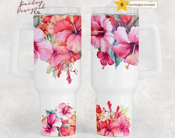 Bright Colors Hibiscus Floral 40oz Quencher Tumbler Wrap - Seamless PNG ...