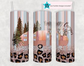 20oz Skinny Tumbler Happy Camper Glitter Trailer PNG Sublimation Design, Print Straight PNG File Digital Download