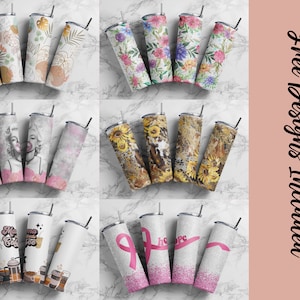 May include: Set of 10 sublimation tumbler designs featuring various patterns and designs, including floral, abstract, and inspirational quotes. The designs are perfect for creating personalized tumblers for gifts or for personal use.