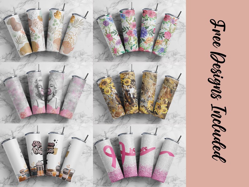 May include: Set of 10 sublimation tumbler designs featuring various patterns and designs, including floral, abstract, and inspirational quotes. The designs are perfect for creating personalized tumblers for gifts or for personal use.